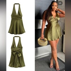 Zara NWT satin effect halter dress moss green 4772/381